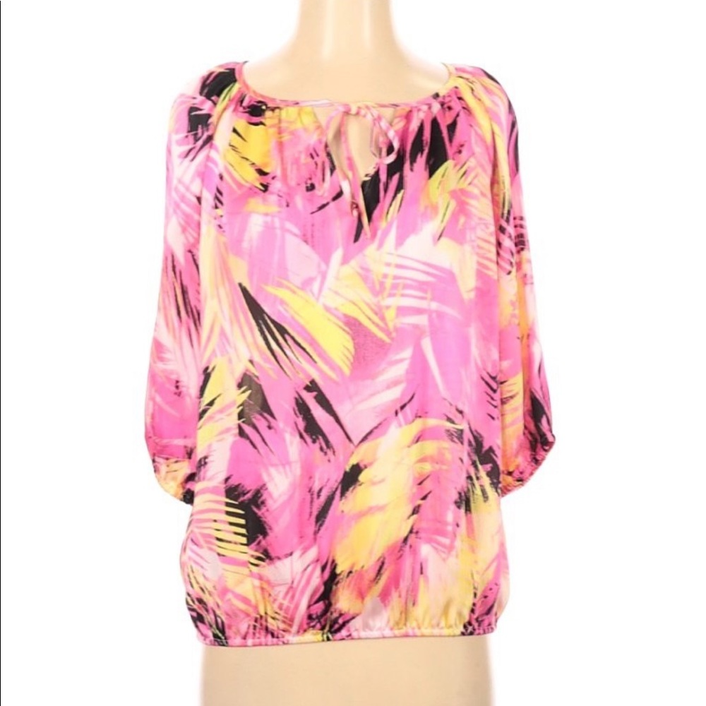 Vince Camuto tropical palm tree blouse pink yellow 3/4 sleeve white top shirt